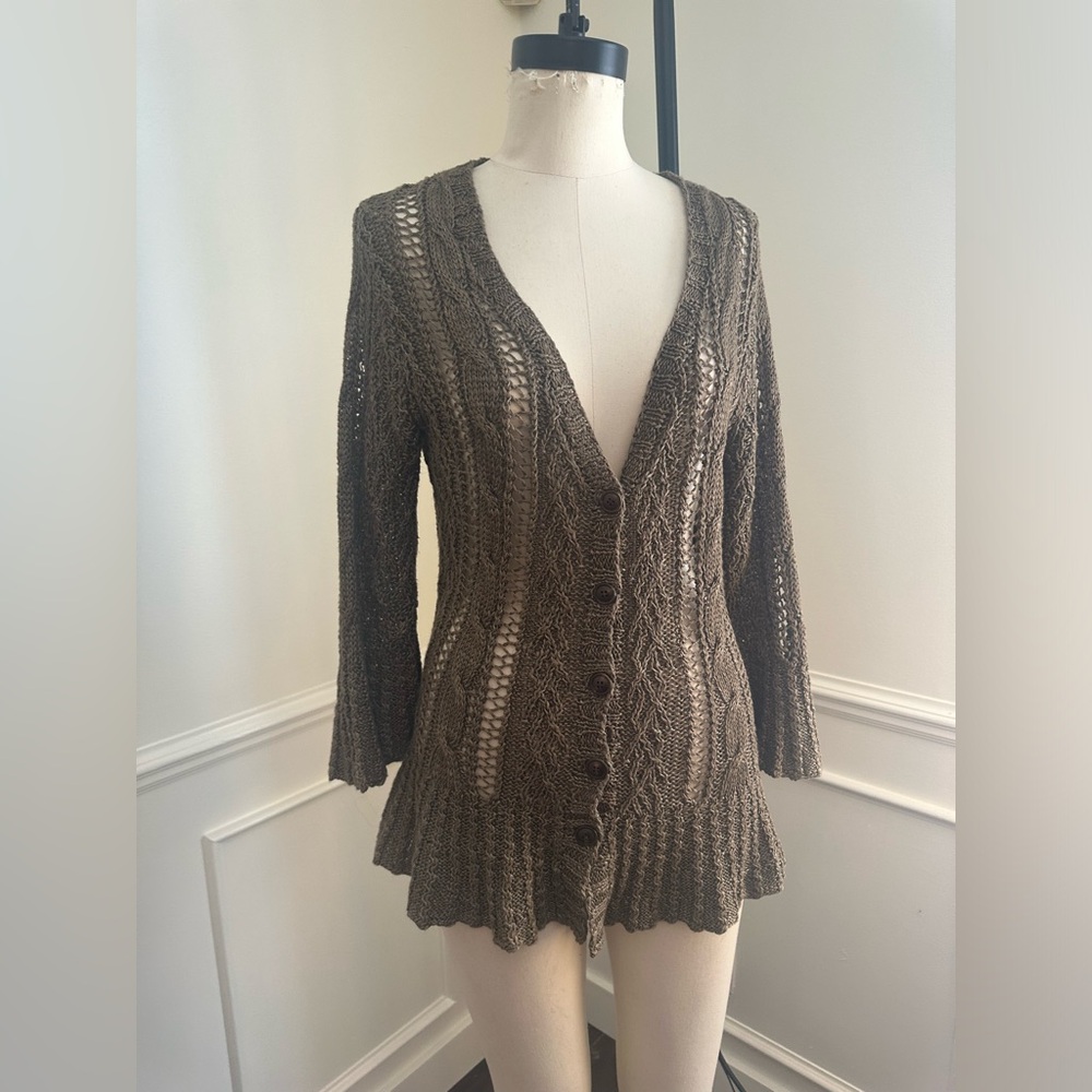Ralph Lauren Blue Label Brown Open-Knit Button Front Cardigan